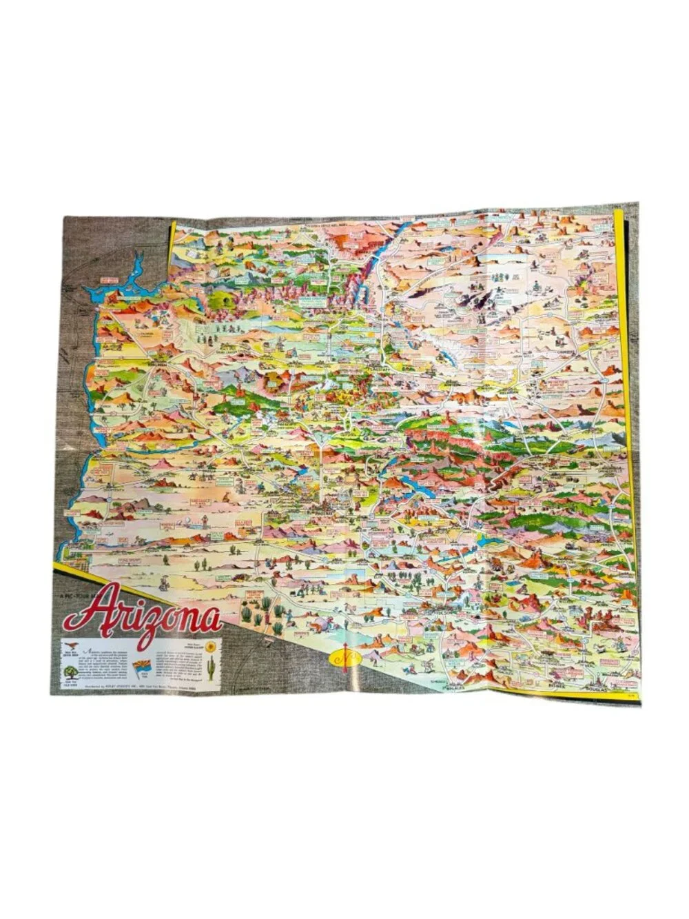 Arizona Map Don Bloodgood Fold Out VTG Cartoon Pic Tour Petley Travel Petley